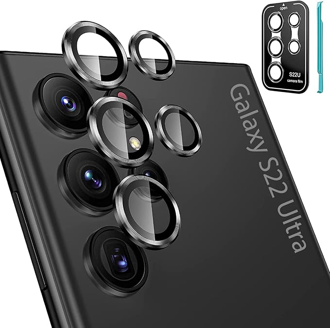 Tensea [3+2PCS for Samsung Galaxy S22 Ultra Camera Lens Protector, 9H Tempered Glass Camera Cover Screen Protector Metal Individual Ring for S22 Ultra 5G 2022 [Installation Tray][Removal tool]- Black