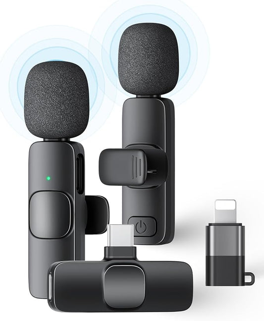 2 Pack Wireless Lavalier Microphone for iPhone iPad and Android Phone, Lapel Mic Plug and Play Wireless Mic Noise Reduction Mini Microphone for Video Recording Interview Podcast Vlog YouTube Tiktok
