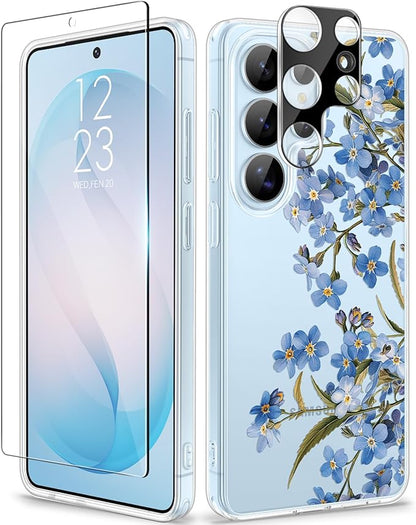 GVIEWIN for Samsung Galaxy S26 Ultra Case, Clear Floral Slim Shockproof Protective Women Phone Case, Non-Yellowing, with Screen Protector & Camera Lens Protector for S26 Ultra 6.9", Aconite/Blue