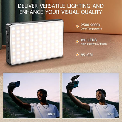 120 LED Video Light, Portable USB Photo Light Dimmable 2500-9000K CRI 95+ 5000mAh Battery with Tripod with Colored Filters and Clip, Photo Lamp for Phone/iPad/Laptop/Camera