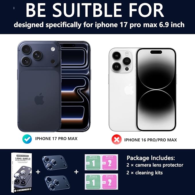 2 Pack Camera Lens Protector for iPhone 17 Pro Max,Metal AR Tempered Glass Rear Camera Screen Cover,Anti-Scratch,Strong Adsorption,Case Friendly, Easy to Install-Inky blue