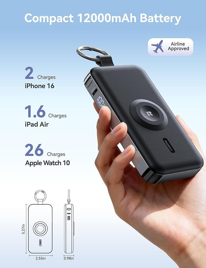 RORRY Portable Charger, 12000mAh 30W Fast Charging Power Bank with Built-in Retractable USB C Cable, Battery Pack with Keychain, Travel Essentials for iPhone, Apple Watch, iPad, White