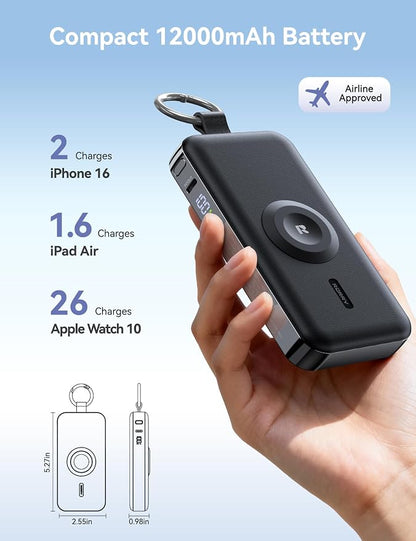 RORRY Portable Charger, 12000mAh 30W Fast Charging Power Bank with Built-in Retractable USB C Cable, Battery Pack with Keychain, Travel Essentials for iPhone, Apple Watch, iPad, Pink