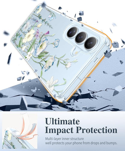 GVIEWIN for Samsung Galaxy S26 Case, Clear Floral Slim Shockproof Protective Women Phone Case, Non-Yellowing, with Screen Protector & Camera Lens Protector for Galaxy S26 6.3", Aquilegia/White