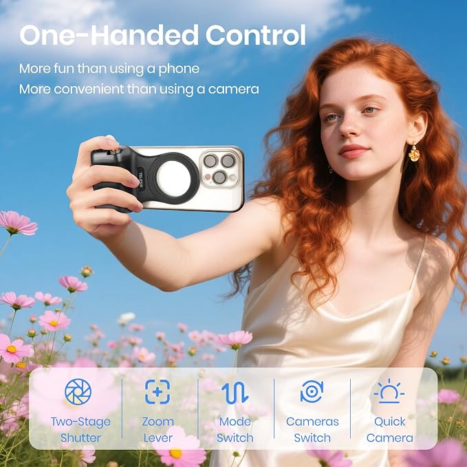 Magnetic Phone Camera Grip, Smartphone Shooting Holder Selfie Handle Snap with Wireless Shutter Button Remote for iPhone 16 15 14 13 12 Pro Max Android Cellphone Vlog Video Photography (Black)