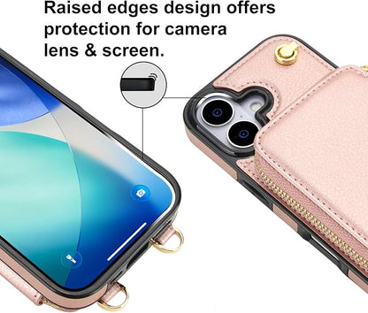Bocasal for MagSafe Crossbody Wallet Case Compatible with iPhone 17, RFID Blocking Protective Purse Case with Card Slots Holder Kickstand Wrist Strap Lanyard Zipper 6.3 Inch 5G (Rose Gold)