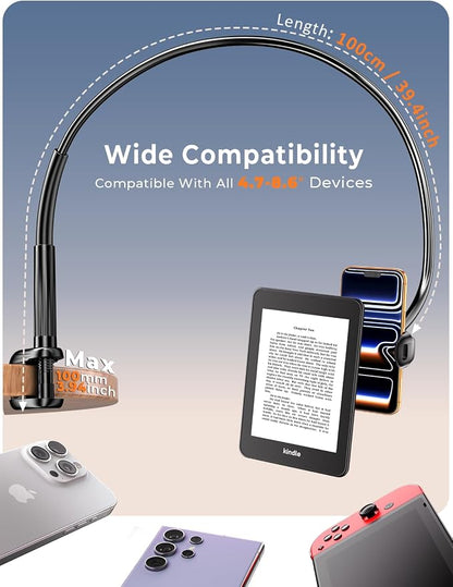 Gooseneck Kindle & Phone Holder for Bed: Flexible Long Arm Clamp Mount for Hands-Free Reading, Bedside Desk Headboard Stand, Compatible with iPhone 17 Pro Max Kindle Kobo & 4.7–8.6 Inch Devices