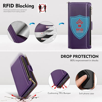 Antsturdy Compatible with iPhone 14 Wallet Case RFID Blocking,PU Leather Phone Case Women Men Flip Shockproof Cover with Wrist Strap Zipper Pocket Credit Card Holder Slots,for Apple 14 6.1" Purple