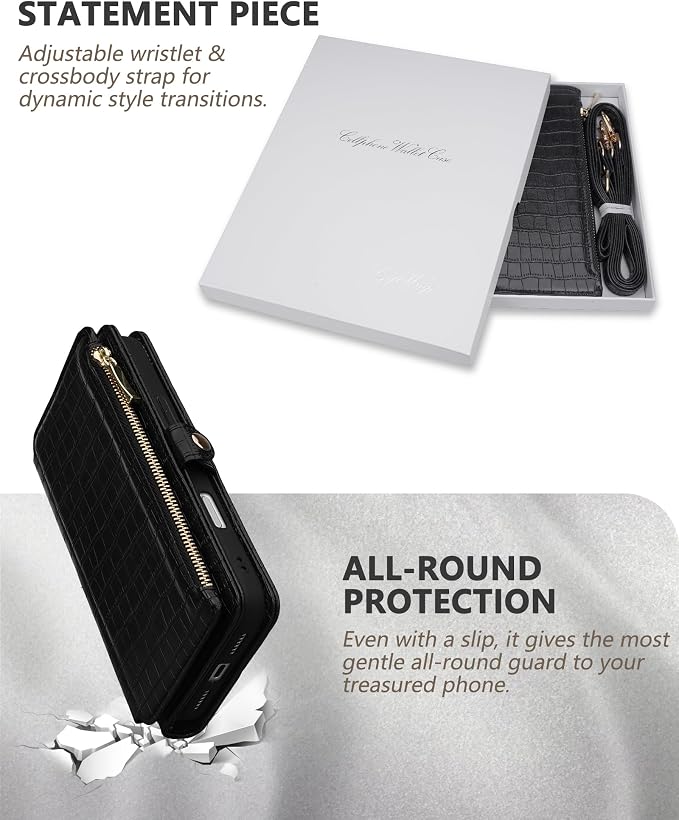 Crossbody Wallet Case for iPhone 17 Pro Max with Mirror, Wrist Strap, Zipper Purse Magnetic Flip, RFID Blocking Card Holder, Wireless Charging, PU Leather Shockproof 6.9" Women (Black)