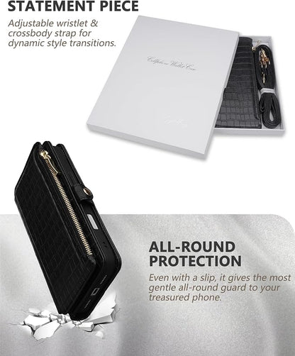 Crossbody Wallet Case for iPhone 17 Pro Max with Mirror, Wrist Strap, Zipper Purse Magnetic Flip, RFID Blocking Card Holder, Wireless Charging, PU Leather Shockproof 6.9" Women (Black)