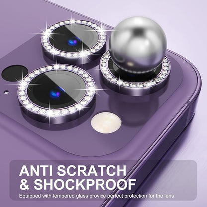 Choiche Compatible for iPhone 14 Pro/iPhone 14 Pro Max Camera Lens Protector Bling, 9H Tempered Glass Camera Cover Screen Protector Metal Ring Decoration Accessories (Diamond-Purple)