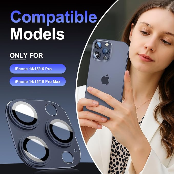 Camera Lens Protector for iPhone 14/15/16 Pro & Pro Max, Tempered Glass with Metal Alloy Frame, for iphone 15 pro max camera lens protector, Titanium Blue