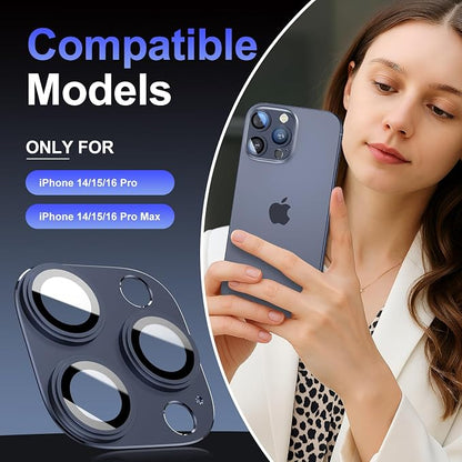 Camera Lens Protector for iPhone 14/15/16 Pro & Pro Max, Tempered Glass with Metal Alloy Frame, for iphone 15 pro max camera lens protector, Titanium Blue