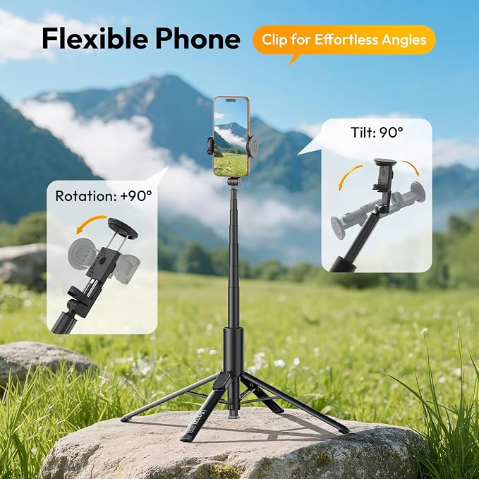ULANZI MT86 60" Automatic Phone Tripod Stand with Bluetooth Remote, Adjustable Auto‑Open Selfie Stick for iPhone Android, Portable Extendable Travel Tripod for Selfie/Vlogging, Black