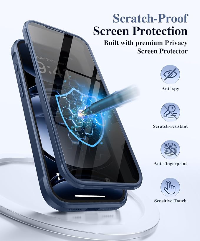 BERFY for iPhone 17 Pro Case, Compatible with MagSafe, Built in Privacy Screen Protector, Shockproof Full Body Phone Case for 17 Pro with Magnetic Stand, Clear Blue