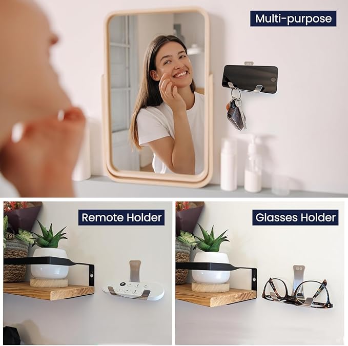 Wall Mount Bathroom Kitchen Cell Phone Holder, Mirror Cellphone Stand Adhesive Remote Control | Eye Glasses | Smartphone | Keys | Compatible with iPhone iPad Apple TV,Google Chromecast - 2 Pack