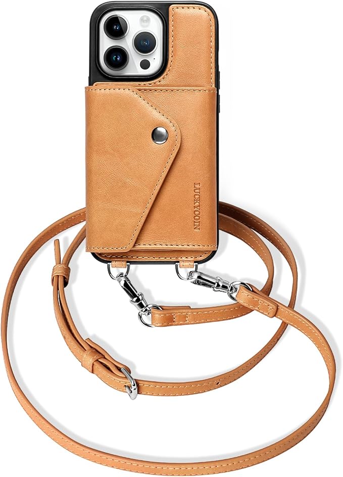 LUCKYCOIN for iPhone 14 Pro Crossbody Wallet Case – Genuine Leather Phone Purse with Adjustable Strap and Card Holder,Lanyard Phone Purse Case for Women,Vintage Tan