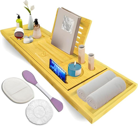Premium Bathtub Tray with Accessories - Expandable Wooden Bath Tray, Hair Cap, Bath Sponge, Face Mask Brush