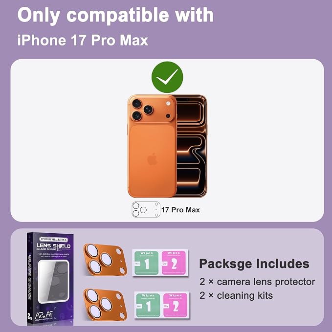 2 Pack Camera Lens Protector for iPhone 17 Pro Max,[Not Easy to Breakn ] AR Tempered Glass Strong Adsorption Metal Camera Cover Screen-Orange