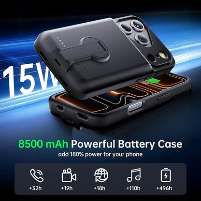 GIN FOXI for iPhone 17 Pro Battery Case with Stand, Charging Case Charger 8500mAh Ultra-Slim Lightweight Powerful Battery Pack 15W Fast Rechargeable Anti-Fall TPU Juice Box (6.3") Black
