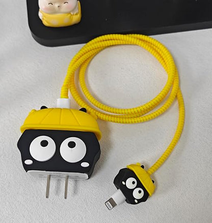 Compatible with iPhone 18W/20W USB-C Charger Protector Cover, 3D Cute Cartoon Charger Case for Apple iPhone 20W USB-C Power Adapter and Lightning Cable Protective Wire Saver (Yellow Hat Black)
