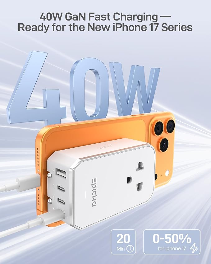 EPICKA Air 40W Universal Travel Adapter, PD Fast Charging International Power Adapter with 1 AC & 4 USB Ports, Worldwide Compact Travel Essentials for US/EU(White, 1-Pack, Not a Voltage Converter)