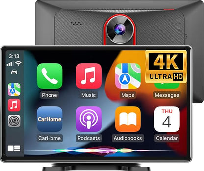 9 inch Carplay Screen for Wireless Apple Carplay & Android Auto, Car Tablet with 4K Dash Cam, 1080P Backup Camera, Bluetooth, Navigation, Mirror Link, Voice Control Car Play Screen