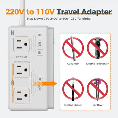220V to 110V Voltage Converter, TESSAN Universal Travel Adapter with 4 USB Charger (1 USB C), 3 AC Sockets and EU/UK/AU/IT Plug Power Adaptor, Step Down Transformer Outlet
