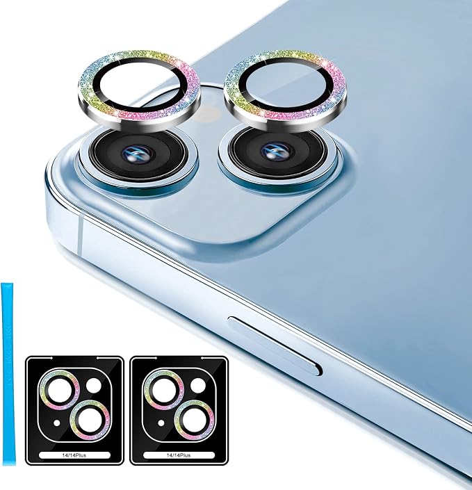 Jeluse 2X2 Pack Camera Lens Protector for iphone 14 Plus for iphone 14, 9H Tempered Glass Screen Protector Cover [Alignment Kit Eazy installation] Metal Individual Ring