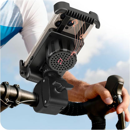 Bike Speaker with Phone Holder, Bluetooth Motorcycle Speakers with Phone Mount, Handlebar Cell Phone Clamp for iPhone 16 15 14 13 12 Pro Max Plus,4.7 to 6.8" Phones, for Scooter, Motorcycle