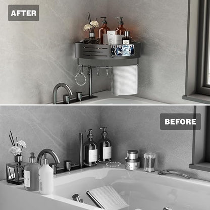 Voldra Corner Shower Caddy Suction Cup, Corner Shower Shelves No Drilling, Aluminum Upgrade Suction Cup Shower Organizer with Towel Bar & Hooks Removable Bathroom Storage Rack(2 Pack, Matte Gray)
