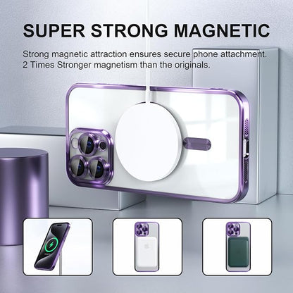 Misea Magnetic for iPhone 15 Pro Max Case with MagSafe [Never Yellowing] [Military Grade Drop Protection] Full Camera Lens Protector Plating Soft Clear Phone Case for Women Girls, Purple