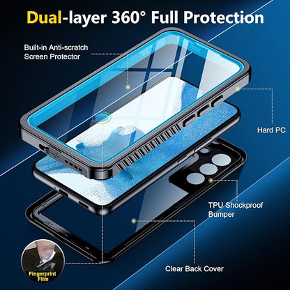 SPIDERCASE for Samsung Galaxy S22 Waterproof Case,[12FT Military-Grade Drop Protection] IP68 Water Resistance [Built-in Screen Protector] Full Body Sealed Protection Phone Case 6.1", Blue