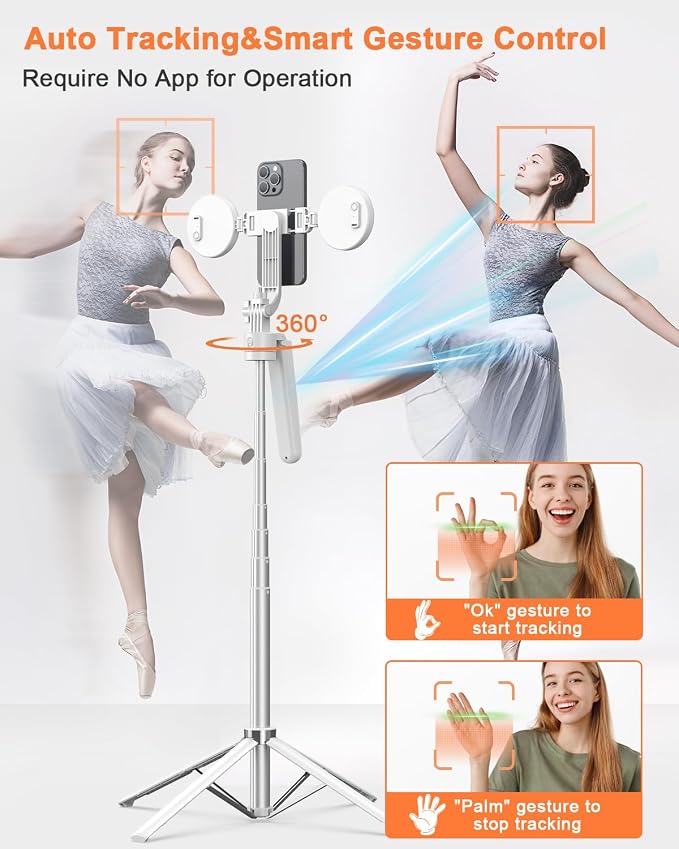 71” Auto Face Tracking Tripod for iPhone with Light,360° Rotating Phone Stand with Rechargeable Remote Control for TikTok Vlog, Phone Tripod for Android Camera/GoPro/Ring Light (White)