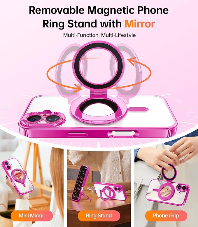 Meifigno Designed for iPhone 17 Case with Ring Stand (6.3"), [Built-in Mirror] [Compatible with MagSafe] [Glitter Card & Wrist Strap] Removable Phone Stand +Designed for iPhone 17 Case, Hot Pink