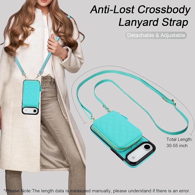 Bocasal Crossbody Wallet Case for iPhone 17 Air, RFID Blocking PU Leather Zipper Handbag Purse Flip Cover, Kickstand Folio Case with Card Slots Holder Wrist Strap Lanyard 5G 6.5 Inch (Mint Green)