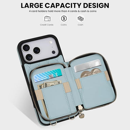 Keallce Case for iPhone 17 Pro Max 6.9'' Wallet Case, Crossbody Zipper Purse with Wrist Strap Lanyard Handbag, RFID Blocking Card Holders, Kickstand Flip Leather Cover for iPhone 17 Pro Max, Blue