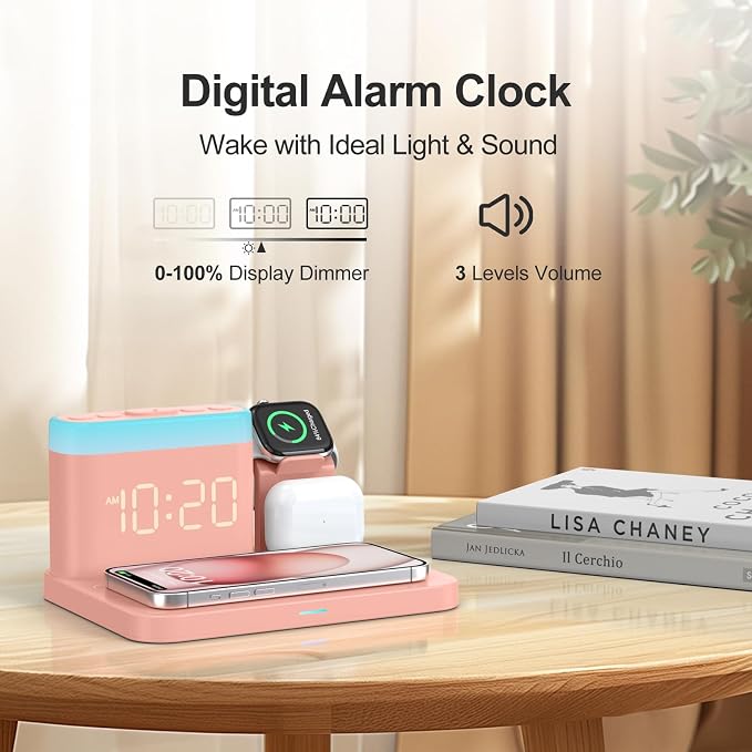 ANJANK 5 in 1 Wireless Charging Station with Alarm Clock,7 Night Light & 0-100% Dimmer,Qi Mag-Safe Charger Stand for Apple Devices - for iPhone 17 16 15 14 13 12 Pro Max Plus Air,Apple Watch,Airpods