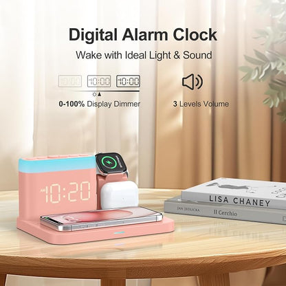 ANJANK 5 in 1 Wireless Charging Station with Alarm Clock,7 Night Light & 0-100% Dimmer,Qi Mag-Safe Charger Stand for Apple Devices - for iPhone 17 16 15 14 13 12 Pro Max Plus Air,Apple Watch,Airpods