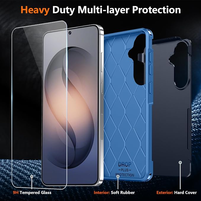 SPIDERCASE Designed for Samsung Galaxy S26 Case, [10 FT Military Grade Drop Protection], 2 Pack [Tempered Glass Screen Protector+Camera Lens Protector] Heavy Duty Shockproof Case,Dark Blue