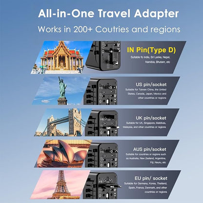JMFONE Universal Travel Adapter with Type D Plug(India & Most Africa), International Travel Adapter with 3 USB-C & 2 USB-A, 30W Fast Charging 2500W AC Outlet, Travel Plug Adapter for 200+ Countries