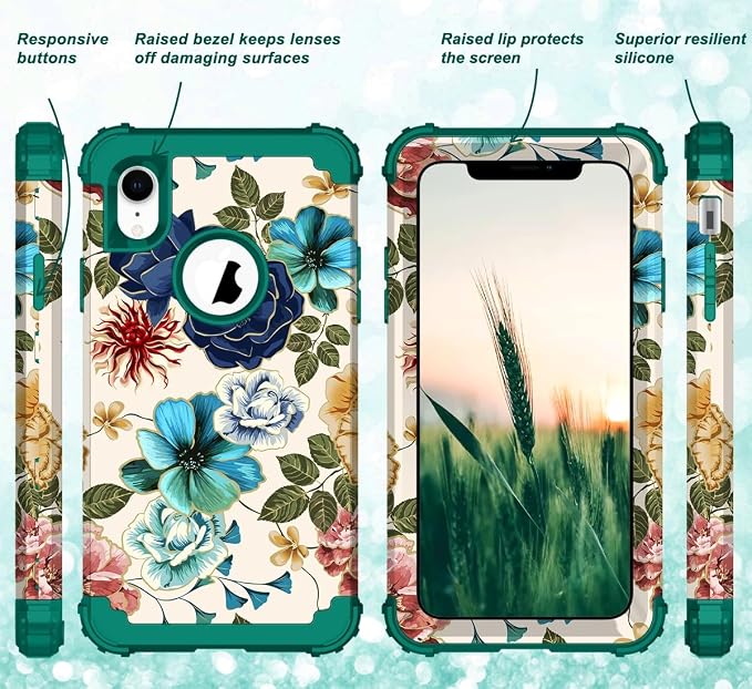 Hocase for iPhone XR Case, Heavy Duty Shockproof Protection Soft Silicone Rubber+Hard Plastic Bumper Hybrid Dual Layer Protective Case for iPhone XR (6.1-inch Display) 2018 - Teal Flowers