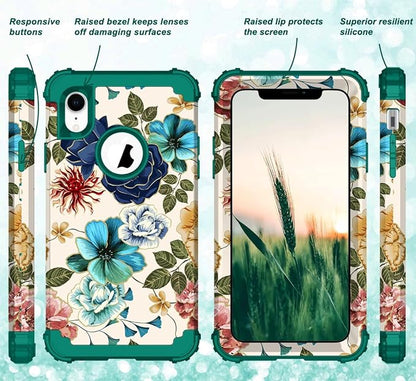 Hocase for iPhone XR Case, Heavy Duty Shockproof Protection Soft Silicone Rubber+Hard Plastic Bumper Hybrid Dual Layer Protective Case for iPhone XR (6.1-inch Display) 2018 - Teal Flowers