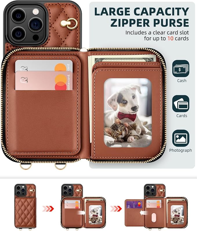 OCASE Compatible with iPhone 16 Pro Crossbody Wallet Case with Card Holder, PU Leather Zipper Handbag Phone Purse with RFID Blocking Kickstand Wrist Strap Lanyard 6.3 Inch, Diamond Check Brown