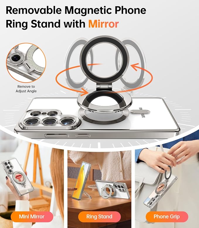 Meifigno Magnetic Case with Removable Phone Ring Stand for Samsung Galaxy S25 Ultra, [Glitter Card & Wrist Strap] [MagSafe Compatible] [Built in Mirror] Phone Ring Stand + Phone Case Kit, Silver