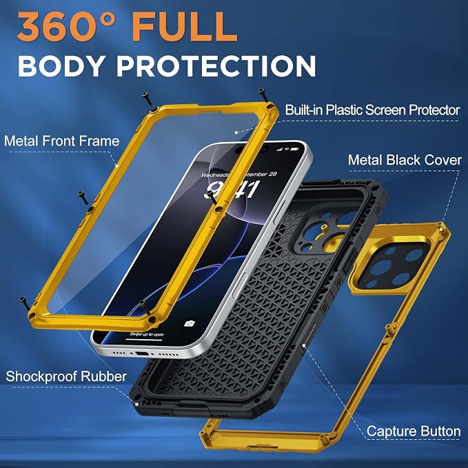 Beasyjoy for iPhone 16 Pro Case Waterproof, Metal Heavy Duty Full Body Protective Case with Built-in Screen Protector, Military Grade Shockproof Dustproof Defender Cover for iPhone 16 Pro 6.3", Yellow