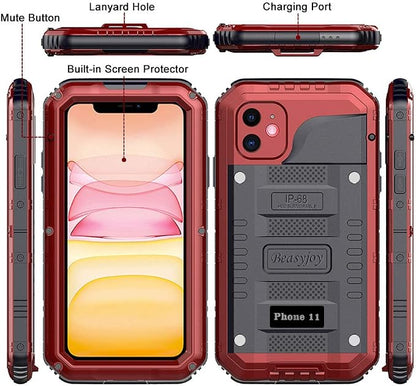 Beasyjoy for iPhone 11 Heavy Duty Waterproof Metal Case - Full Body Protective Shockproof Dustproof Military Grade Rugged Defender Outdoor Case (Red)