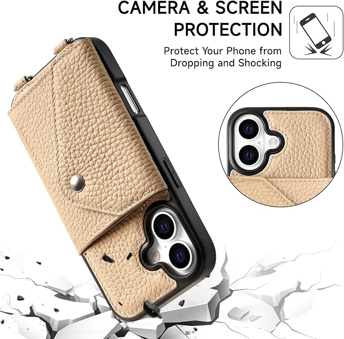 LUCKYCOIN for iPhone 17 Crossbody Wallet Case – Genuine Leather Phone Purse with Adjustable Strap and Card Holder,Lanyard Phone Purse Case for Women,Pebble Grain Beige