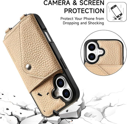 LUCKYCOIN for iPhone 17 Crossbody Wallet Case – Genuine Leather Phone Purse with Adjustable Strap and Card Holder,Lanyard Phone Purse Case for Women,Pebble Grain Beige