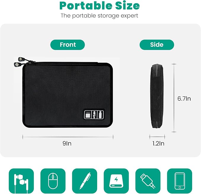 Cord Organizer Travel, Electronics Organizer Tech Pouch - Portable Cable Organizer Bag for Cords, Charger, Phone, SD Card, Power Bank for Travel & Daily Use -Black Green
